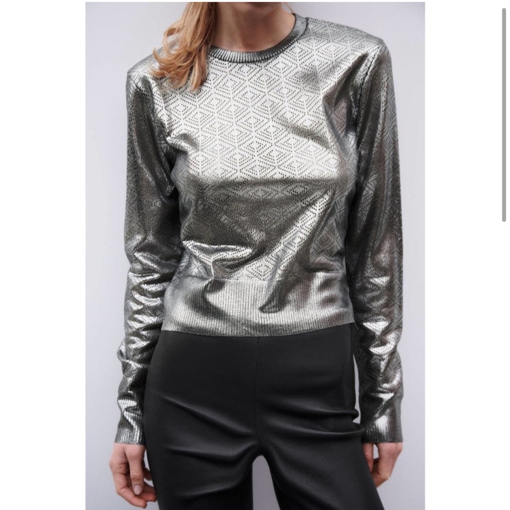 Zara Metallic Silver Pointelle Long Sleeve Top